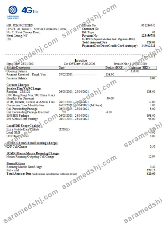 China Mobile Limited payment invoice